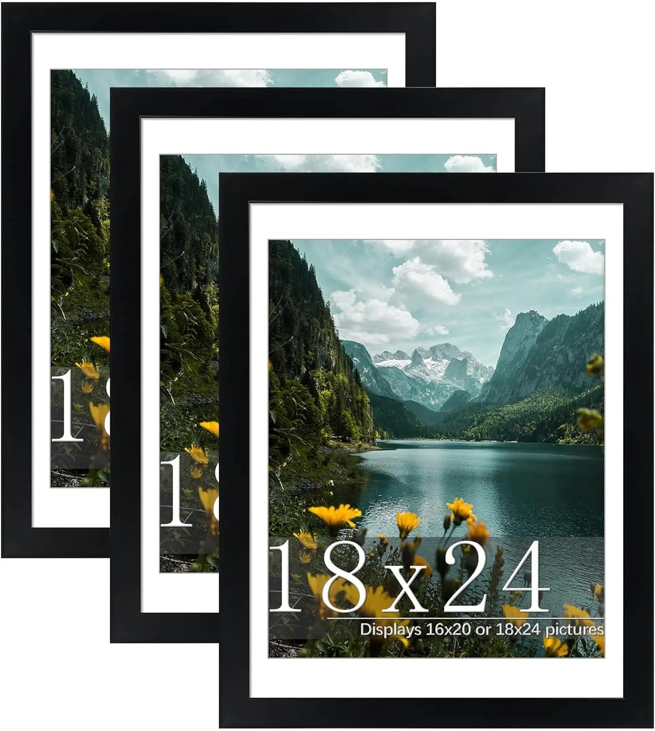 18x24 Picture Frame 3 Pack, Black Poster Frame with Mat for 16x20 or 18x24 Photos