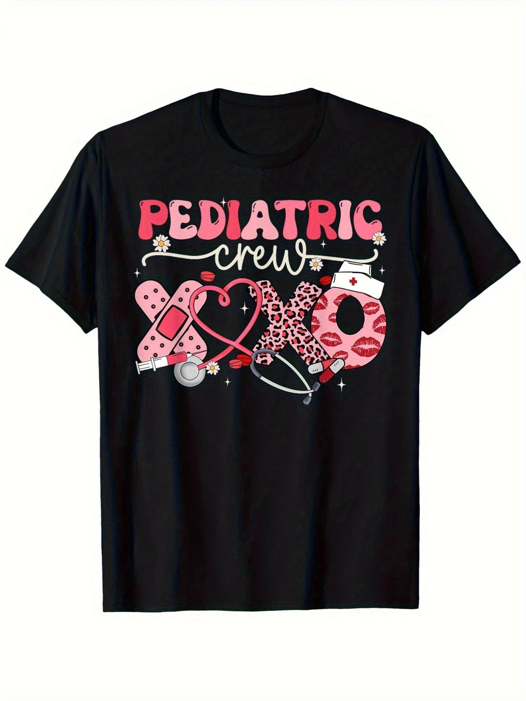 Pediatric Crew Graphic Tee Fun & Comfortable Cotton T-Shirt with Medical Theme Leopard Print & Stethoscope Design
