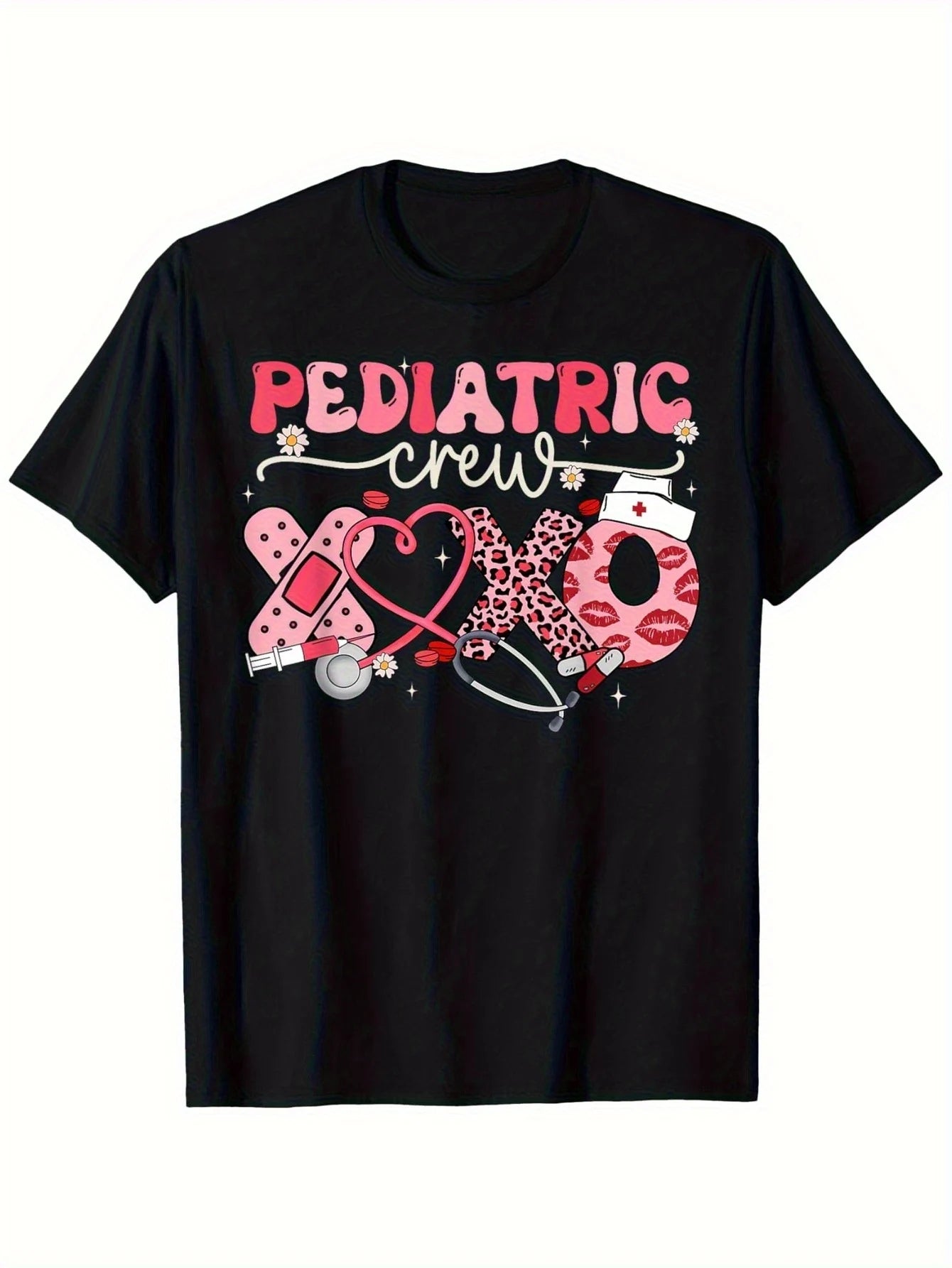 Pediatric Crew Graphic Tee Fun & Comfortable Cotton T-Shirt with Medical Theme Leopard Print & Stethoscope Design