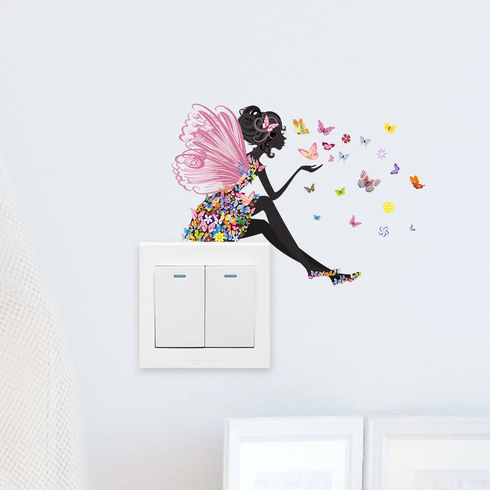 wall stickers switch Butterfly girl children's room, mural Self-adhesive Wall Decals