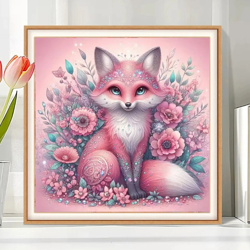 Pink Fox Full Crystal Diamond Embroidery. Animal Fairy Dust Drill Diamond Painting Cross Stitch Kits