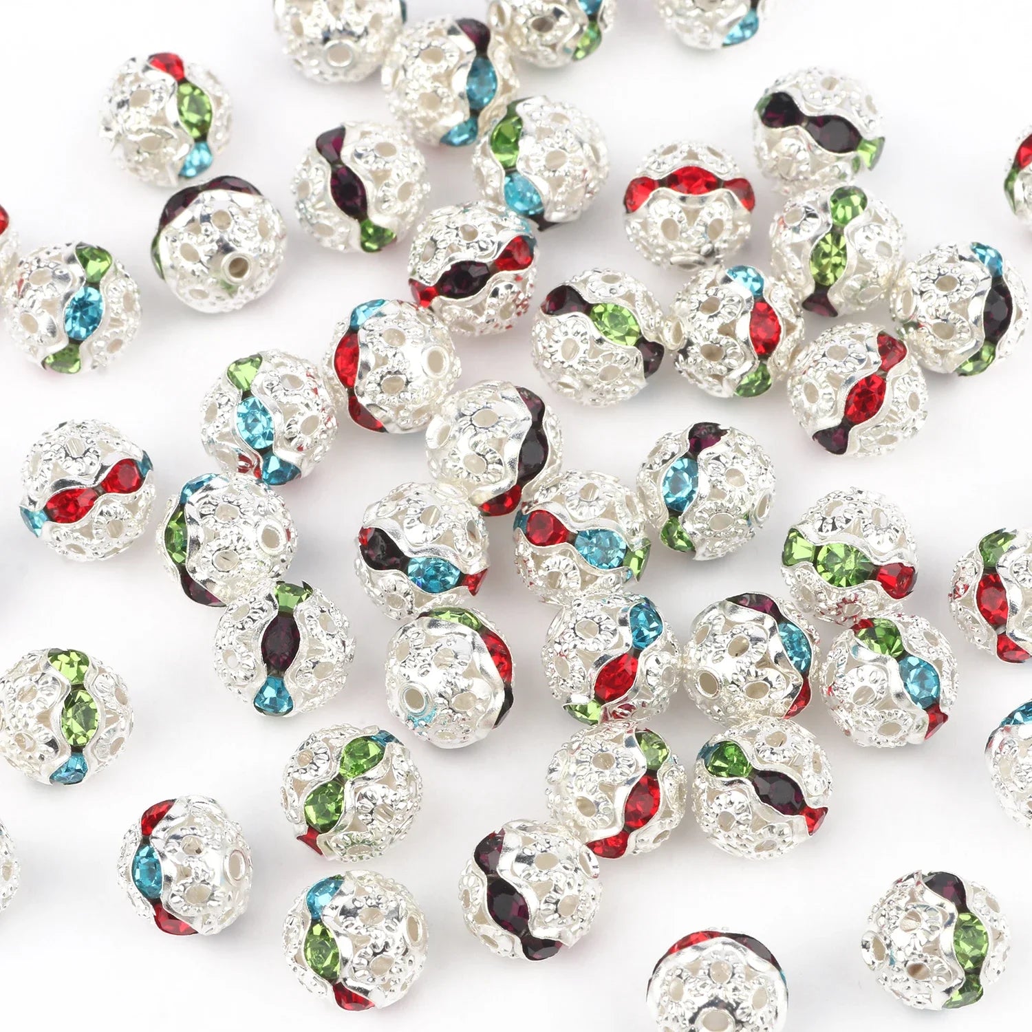 50pc/Lot 6mm 8mm 10mm AB Color  Rhinestone Ball Shape Loose Beads Metal Crystal Beads