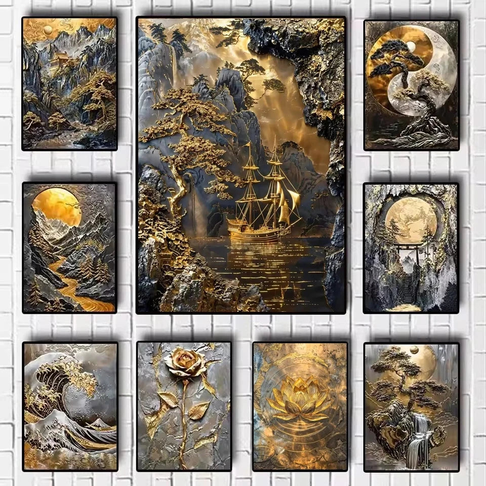 5D Diamond Painting Abstract Golden Tree Sailing Moon Decor Cross Stitch Kits
