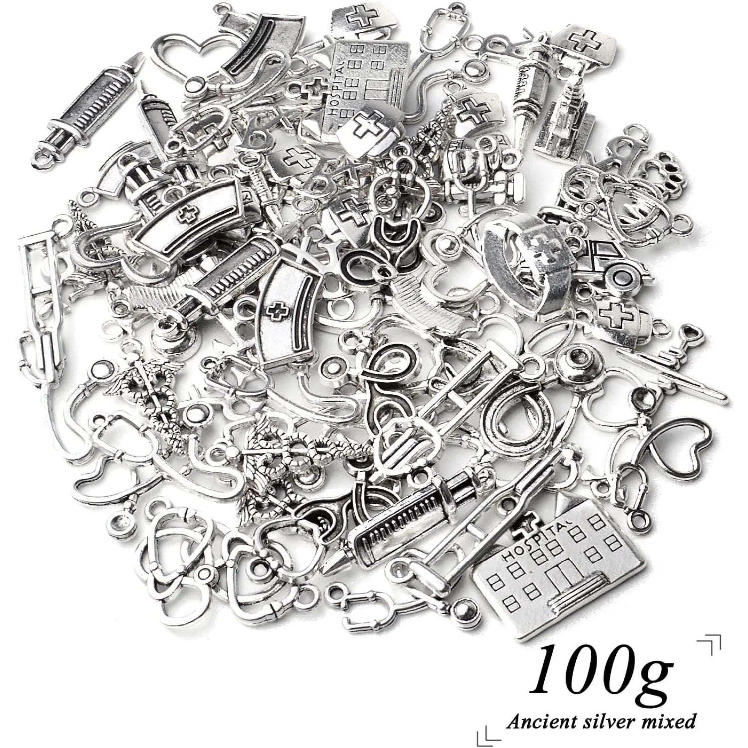 100g Medical Charms Alloy Hospital Charms Stethoscope Syringe Nurse Cap