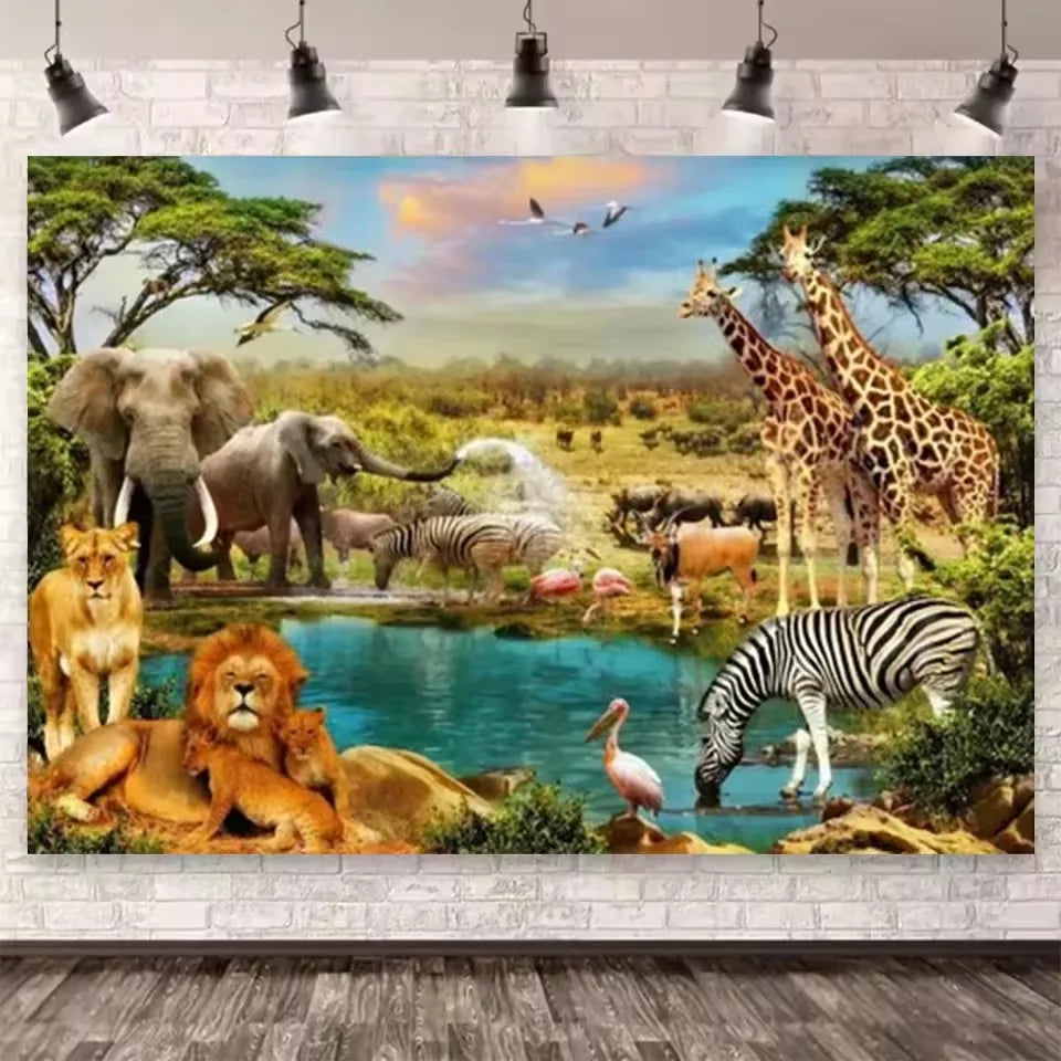 Jungle Forest Paradise Large Size, 5D Elephant Lion Giraffe Diamond Painting, Embroidery.