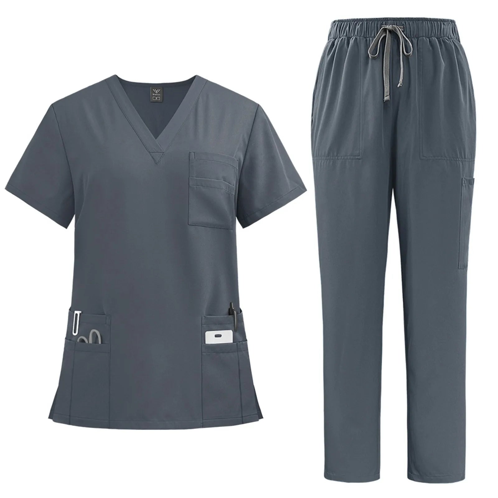 Women's solid color nurse uniform quick-drying fabric v-neck short-sleeved trousers suit multi-pocket nursing uniform suit