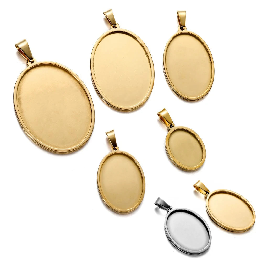 5pcs Stainless Steel Oval Pendant Cabochon Base Setting Tray Blank