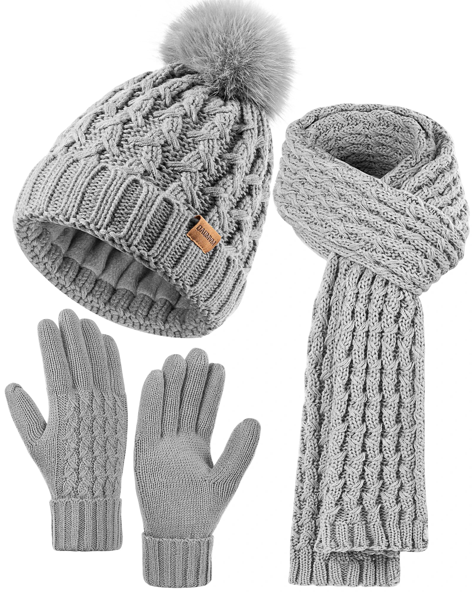 Womens Winter Beanie Hat Touchscreen Gloves Long Neck Scarf Set