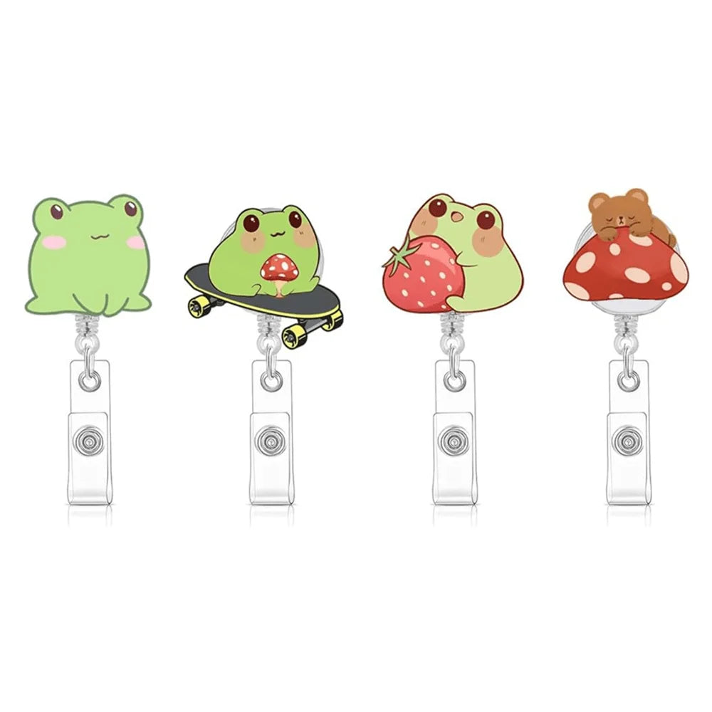 Frog & Mushroom Badge Reel. Cute retractable ID clip for nurses, doctors & office workers.