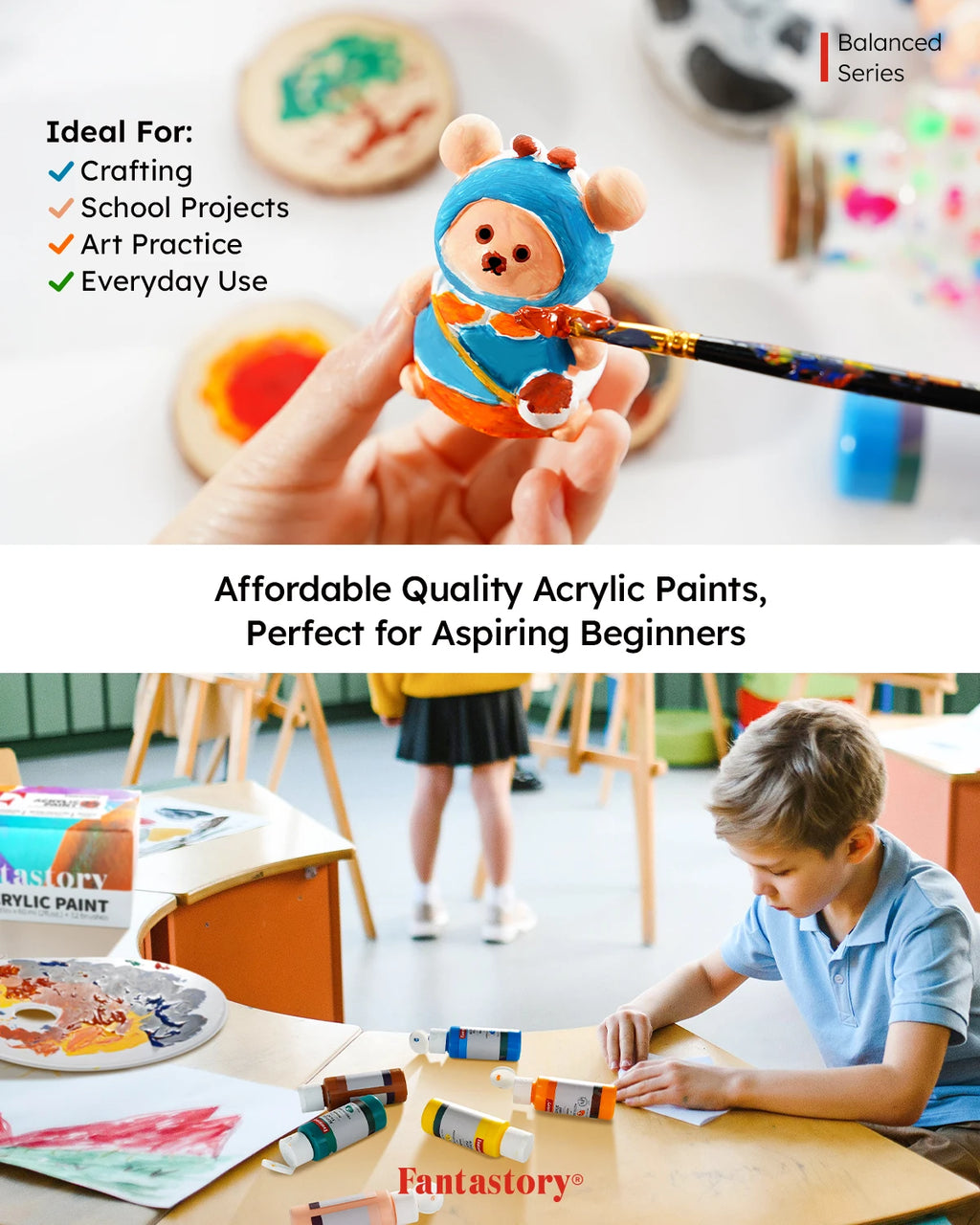 Fantastory Acrylic Paint Set - 24 Colors + 12 Professional Brushes,