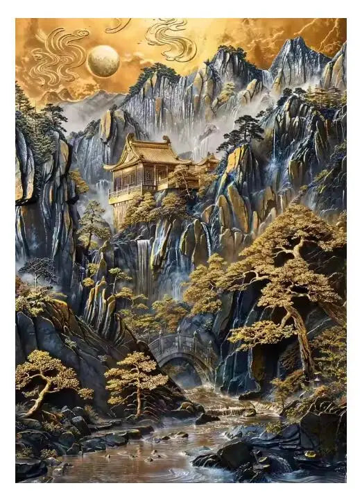 5D Diamond Painting Abstract Golden Tree Sailing Moon Decor Cross Stitch Kits