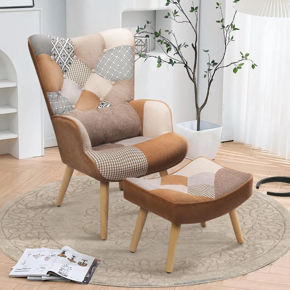 Accent Patchwork Chair with Ottoman High Wingback Chair Comfy Bohemian Flax Design