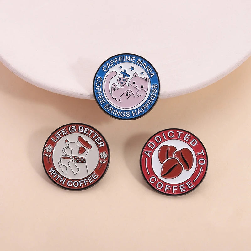 Coffee Brings Happiness Enamel Pin Kittens Puppies And Coffee Beans Brooch Lapel Metallic Pins Badge Jewelry Accessory