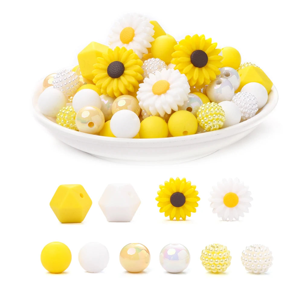 70Pcs Daisy Silicone Bead Set Multi-Shape for Pens Lanyard Keychain Bracelet Making