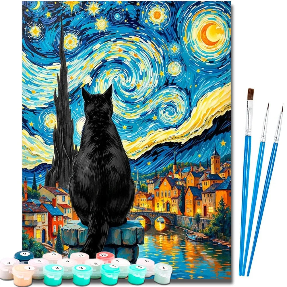 Cat in Van Gogh Starry Night Diy Art Paint By Numbers For Adult