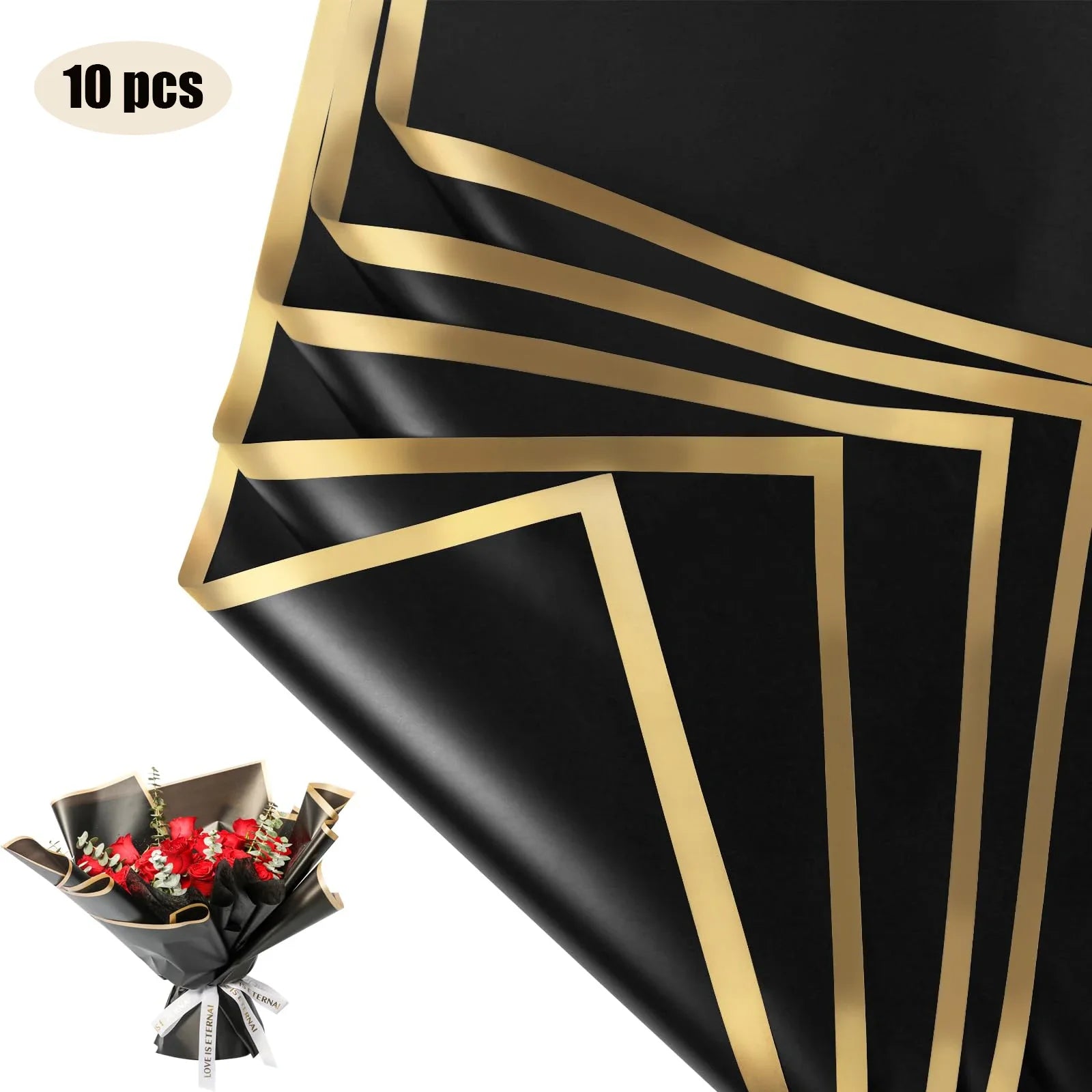 10 Sheets Flower Wrapping Paper with Golden Edges, Waterproof.