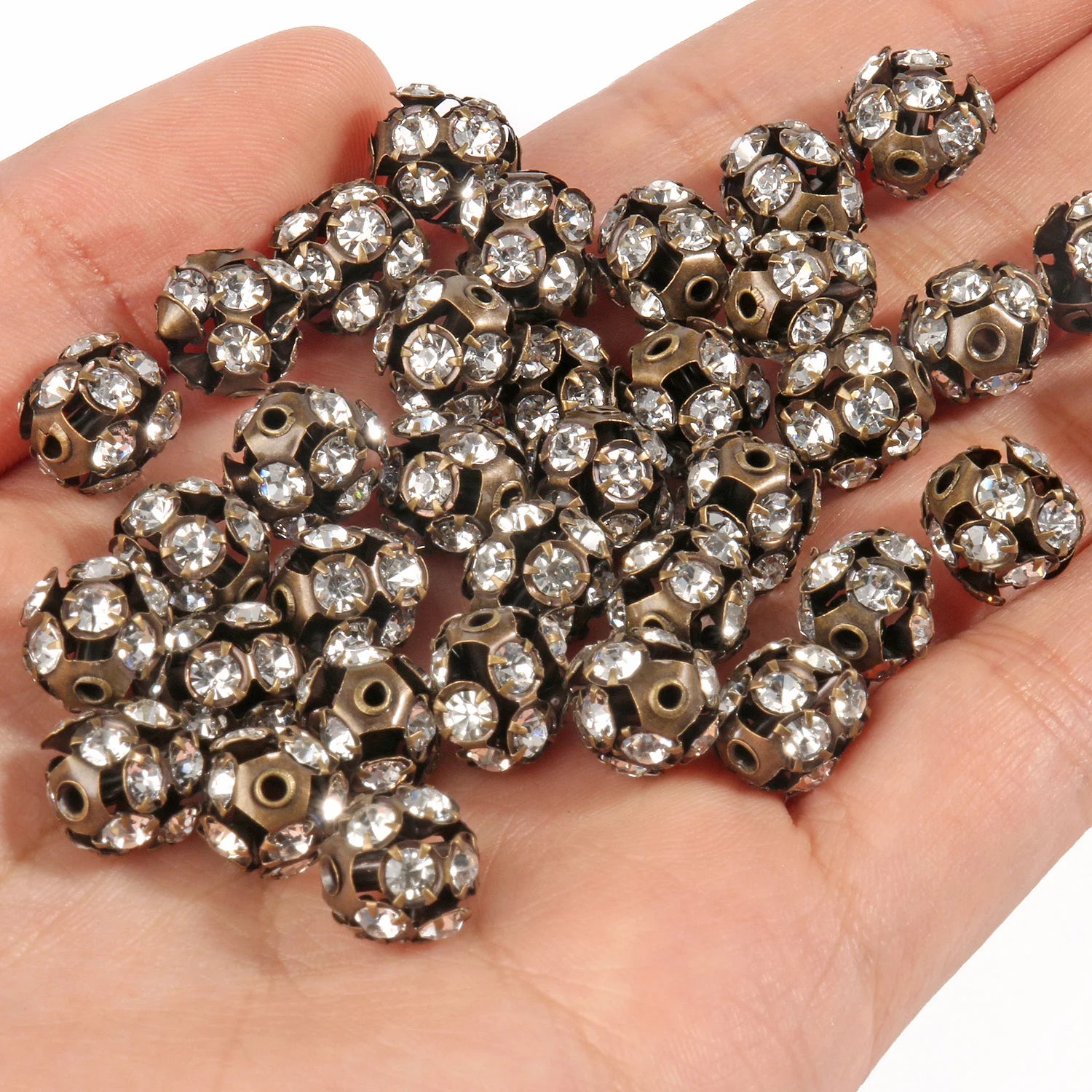 50pc/Lot 6mm 8mm 10mm AB Color  Rhinestone Ball Shape Loose Beads Metal Crystal Beads