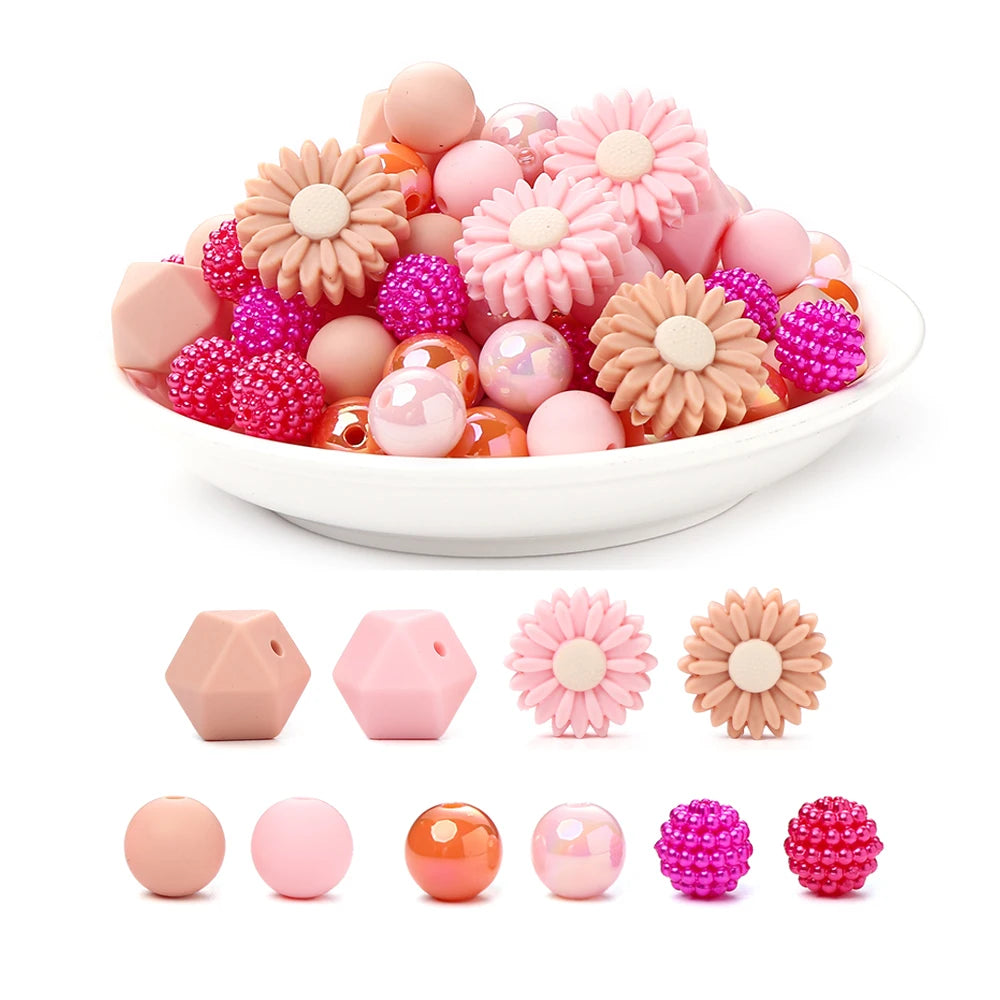 70Pcs Daisy Silicone Bead Set Multi-Shape for Pens Lanyard Keychain Bracelet Making
