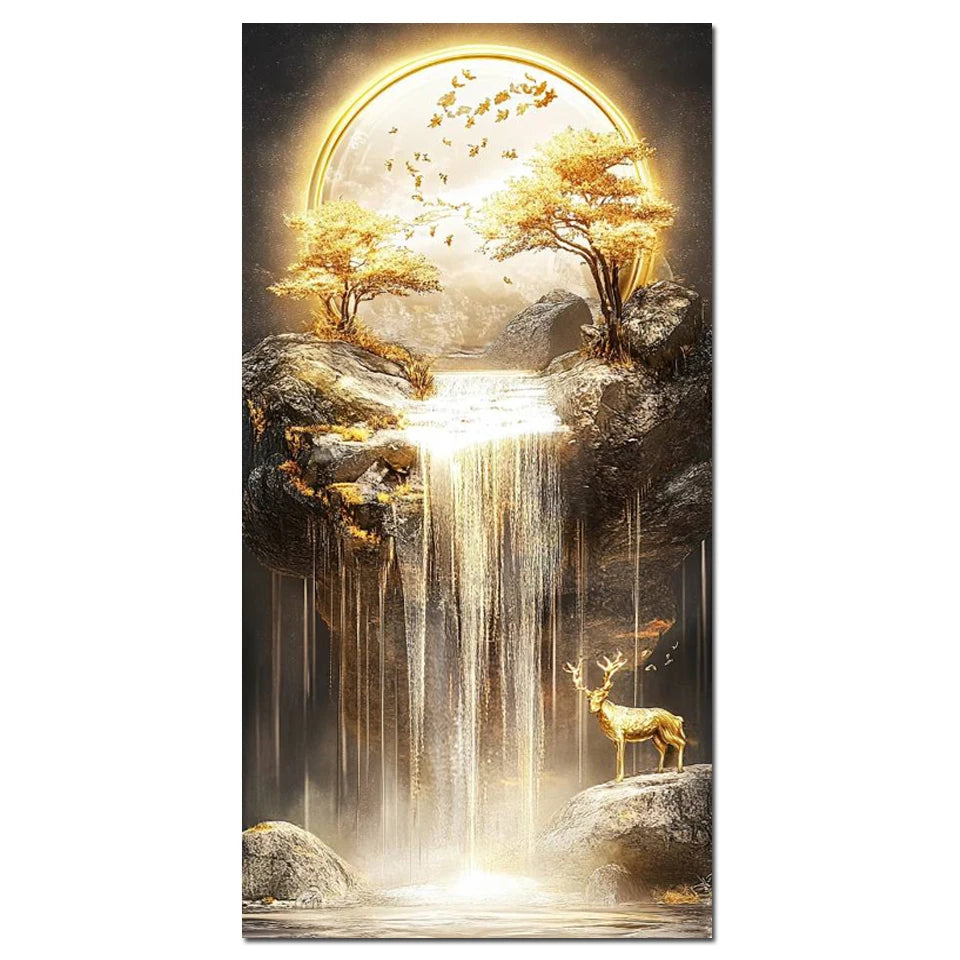 New Arrivals 5D Diamond Painting Art Golden Waterfall Tree Moon Landscape.