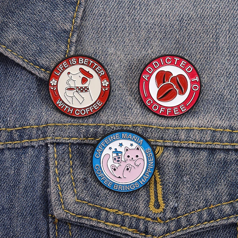 Coffee Brings Happiness Enamel Pin Kittens Puppies And Coffee Beans Brooch Lapel Metallic Pins Badge Jewelry Accessory