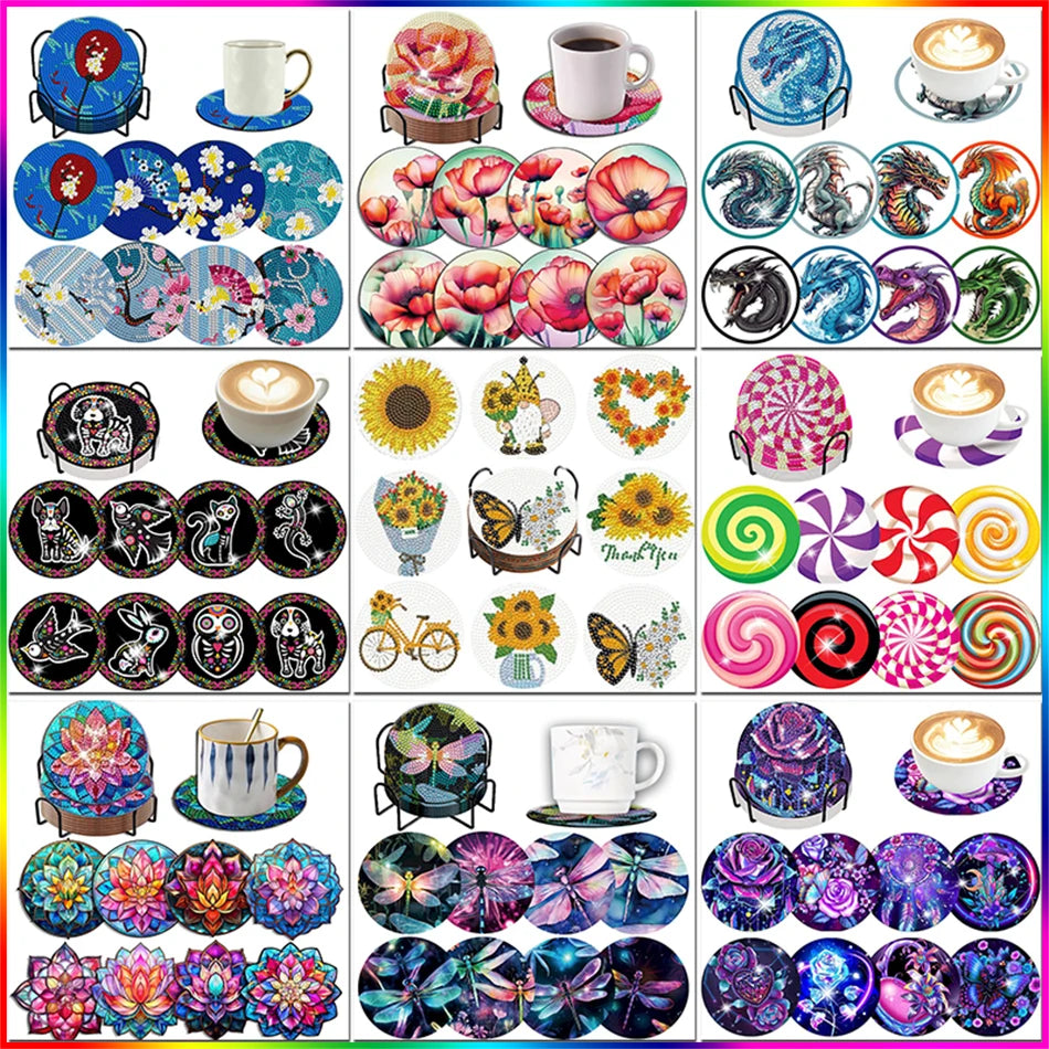 8pcs/Set DIY Diamond Painting Coasters Flowers wood For Drinks Crystal Rhinestones Diamond Art Coasters With Holder