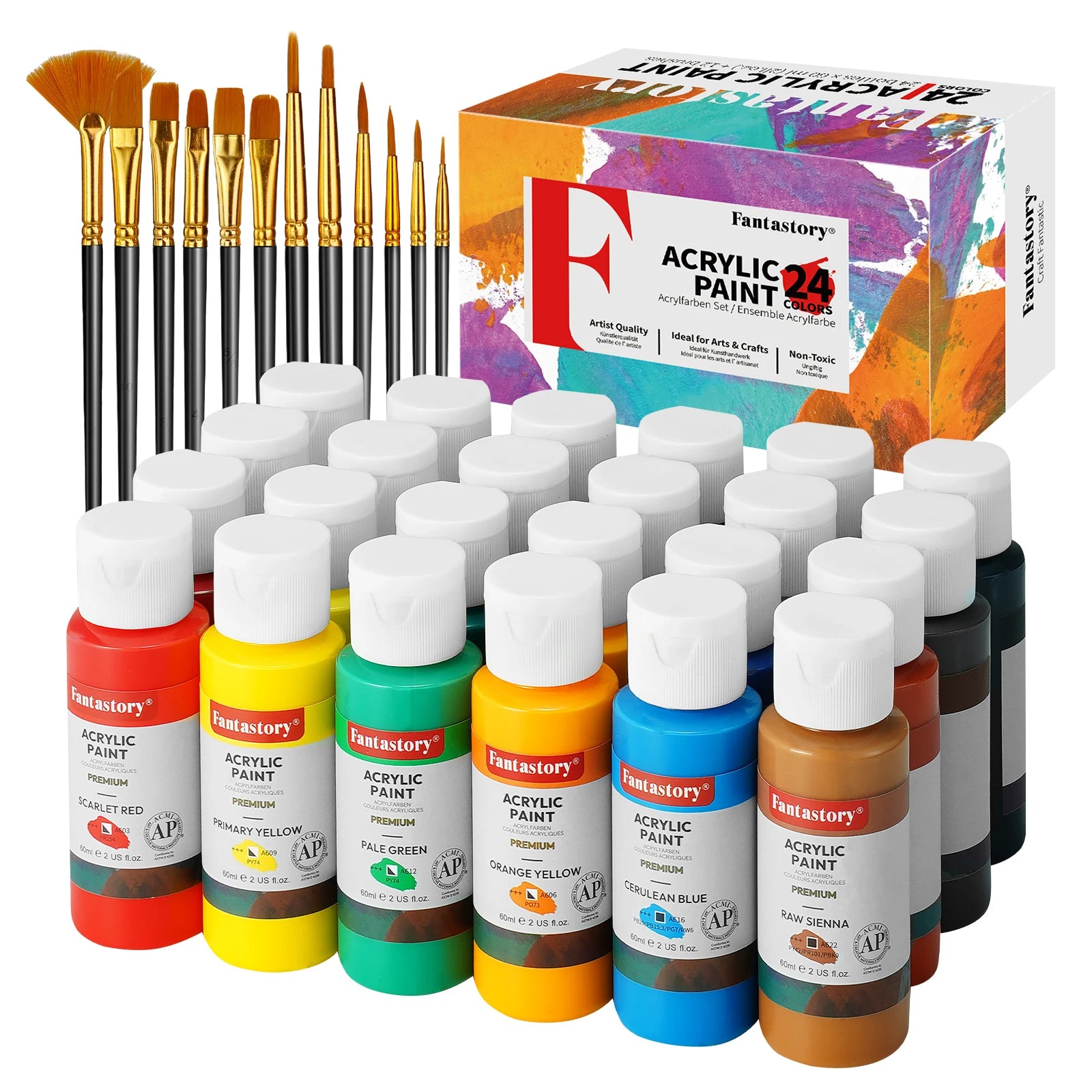Fantastory Acrylic Paint Set - 24 Colors + 12 Professional Brushes,
