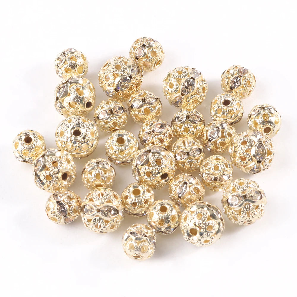 50pc/Lot 6mm 8mm 10mm AB Color  Rhinestone Ball Shape Loose Beads Metal Crystal Beads