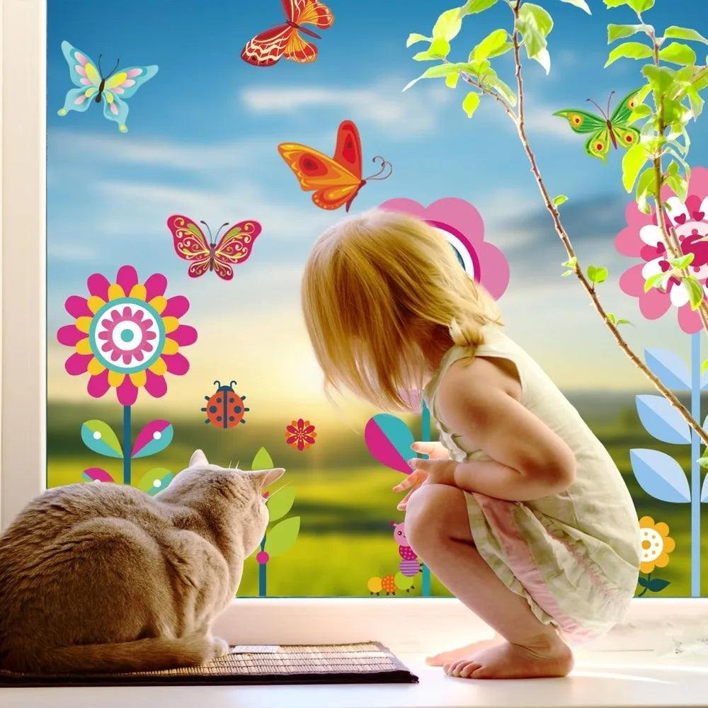 107PCS Window Clings Set Spring Summer & Fall/Winter Themes - Spring Flowers Butterflies & More