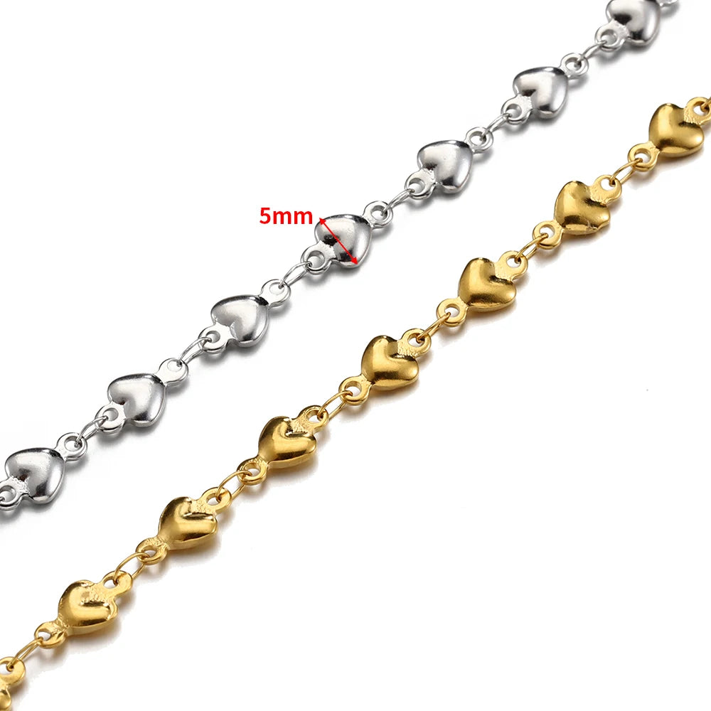 1Meter 4mm 5mm Stainless Steel Gold Color Love Heart Link Chain