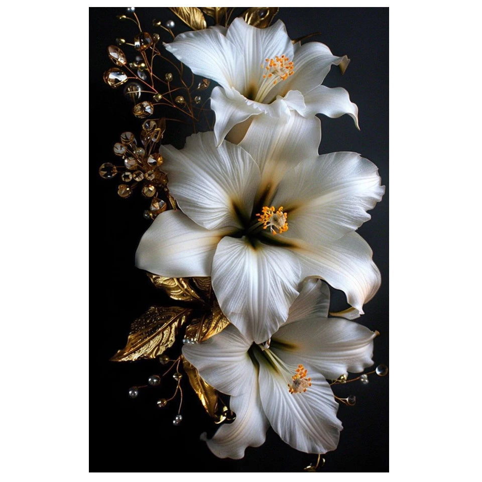 Diamond Embroidery, Diamond Painting Golden White Flowers Picture Golden White Flowers.