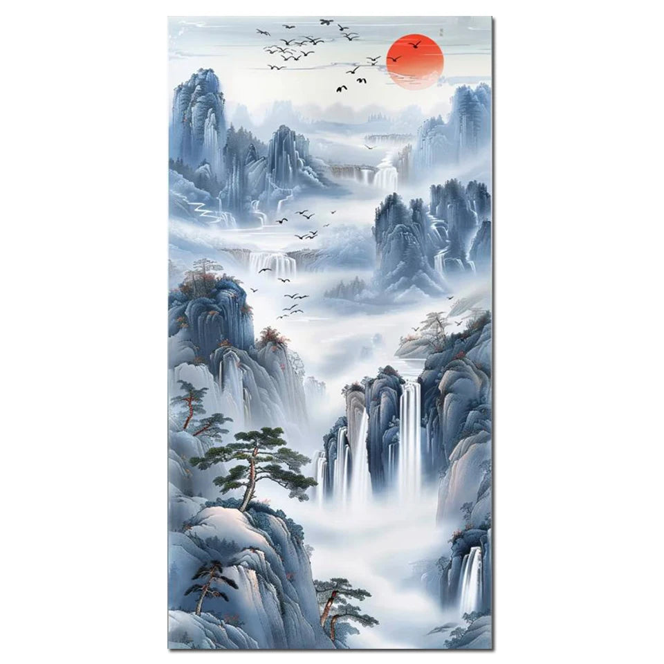 New Arrivals 5D Diamond Painting Art Golden Waterfall Tree Moon Landscape.