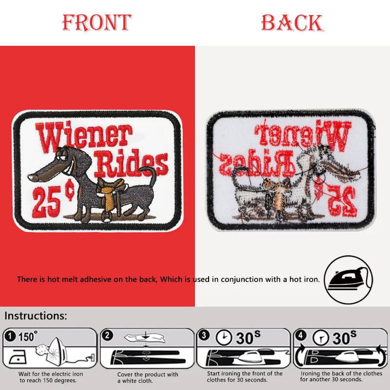 5pcs Wiener Rides 25¢ Funny Dog Iron-On Patches.