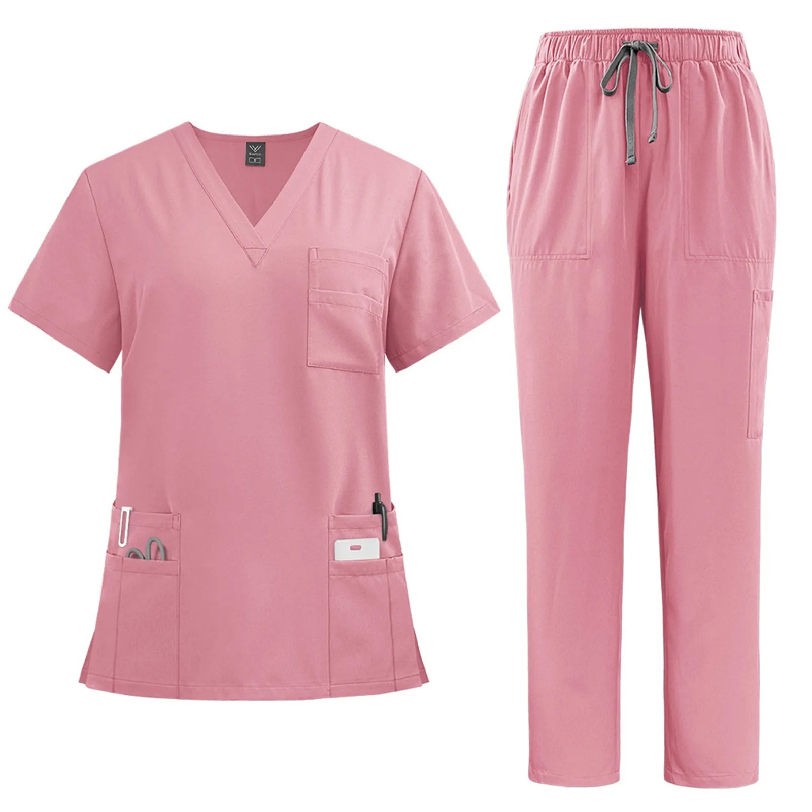 Women's solid color nurse uniform quick-drying fabric v-neck short-sleeved trousers suit multi-pocket nursing uniform suit