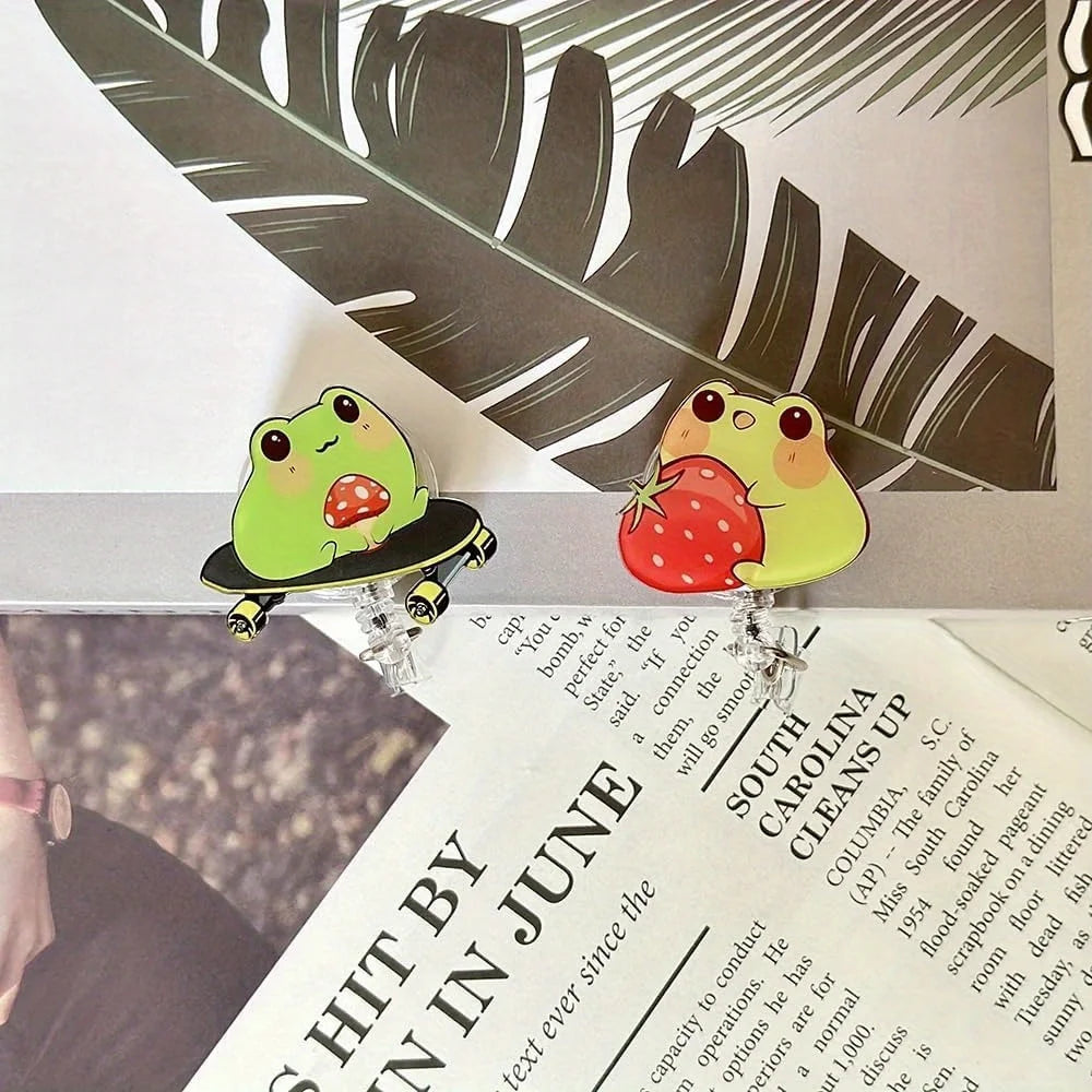 Frog & Mushroom Badge Reel. Cute retractable ID clip for nurses, doctors & office workers.
