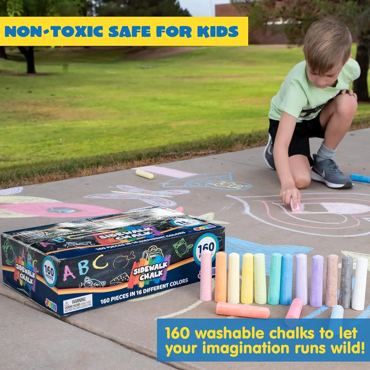 160 PCS Sidewalk Chalks Set Non-Toxic Washable Jumbo Chalk for Outdoor Art Play