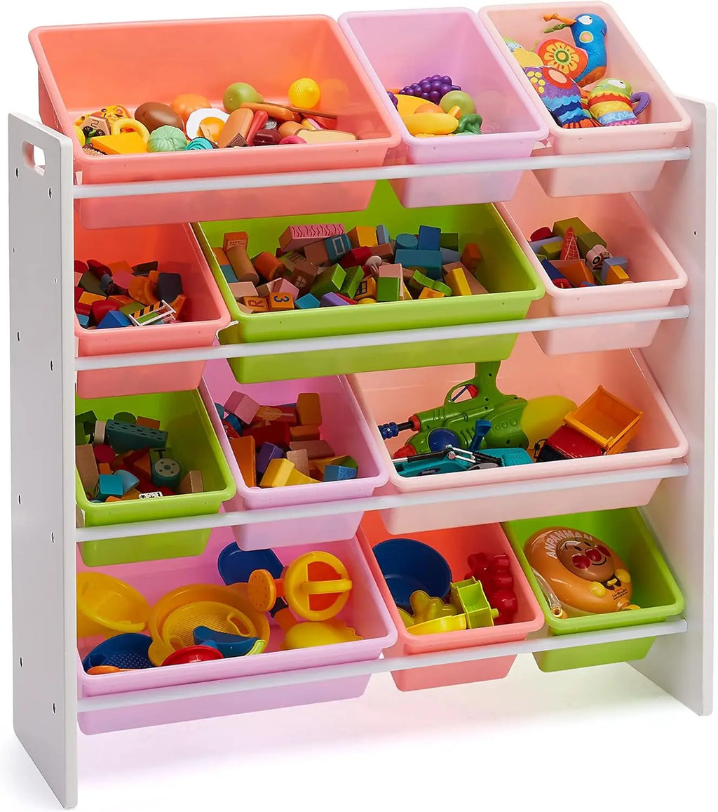 Kids Toy Storage Organizer with 12 Removable Pink Bins, White Wood Frame, Wall-Mounted for Safety