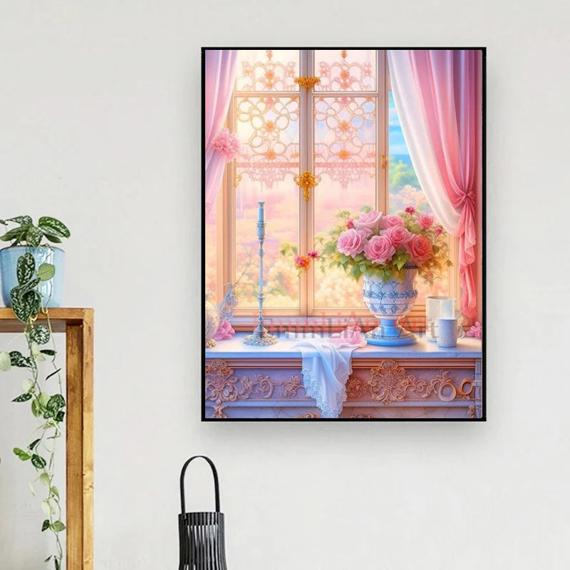 100% Full Fairy Dust Drill Diamond Painting Window Landscape 5D DIY Crystal Diamond Mosaic Art Flower in Vase Bedroom Decor Gift