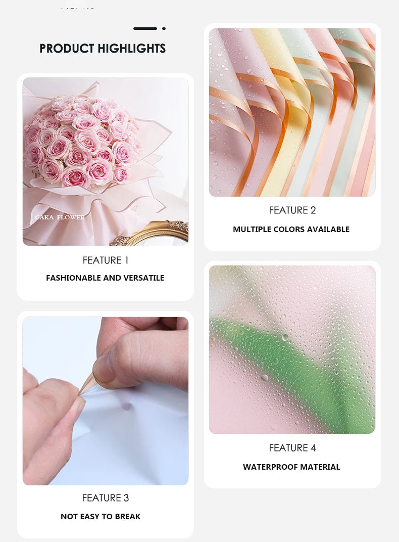 10 Sheets Flower Wrapping Paper with Golden Edges, Waterproof.