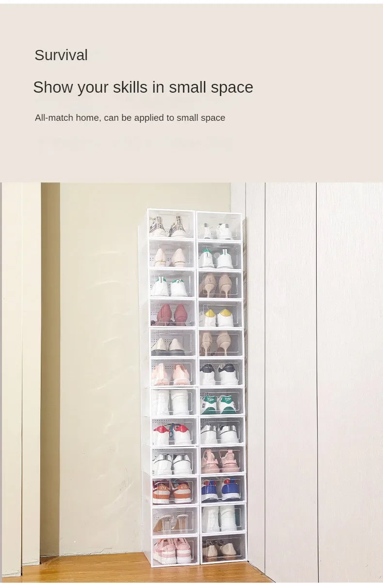 Foldable Clear Plastic Storage Box with Flip Cover Drawer Thick Space Saving Organizer Rack for Shoes Closet Cabinet Bedroom