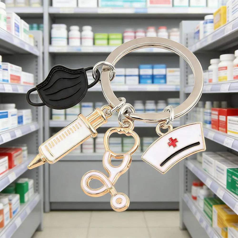 1Pc Stethoscope Medical Keyring,Nurse Theme Mask Syringe Bag Purse Charm