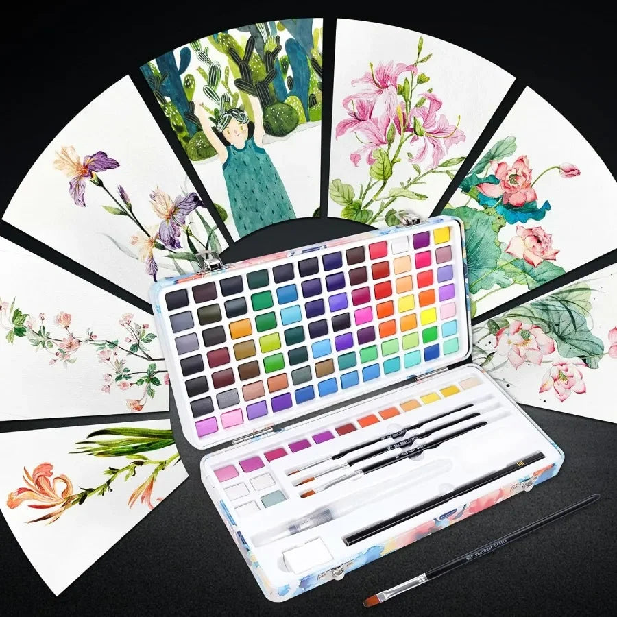 100 Colors Watercolor Paint Set for Students and Artists Ideal for Beginners and Amateurs Includes Coloring Sheets Black Dual T