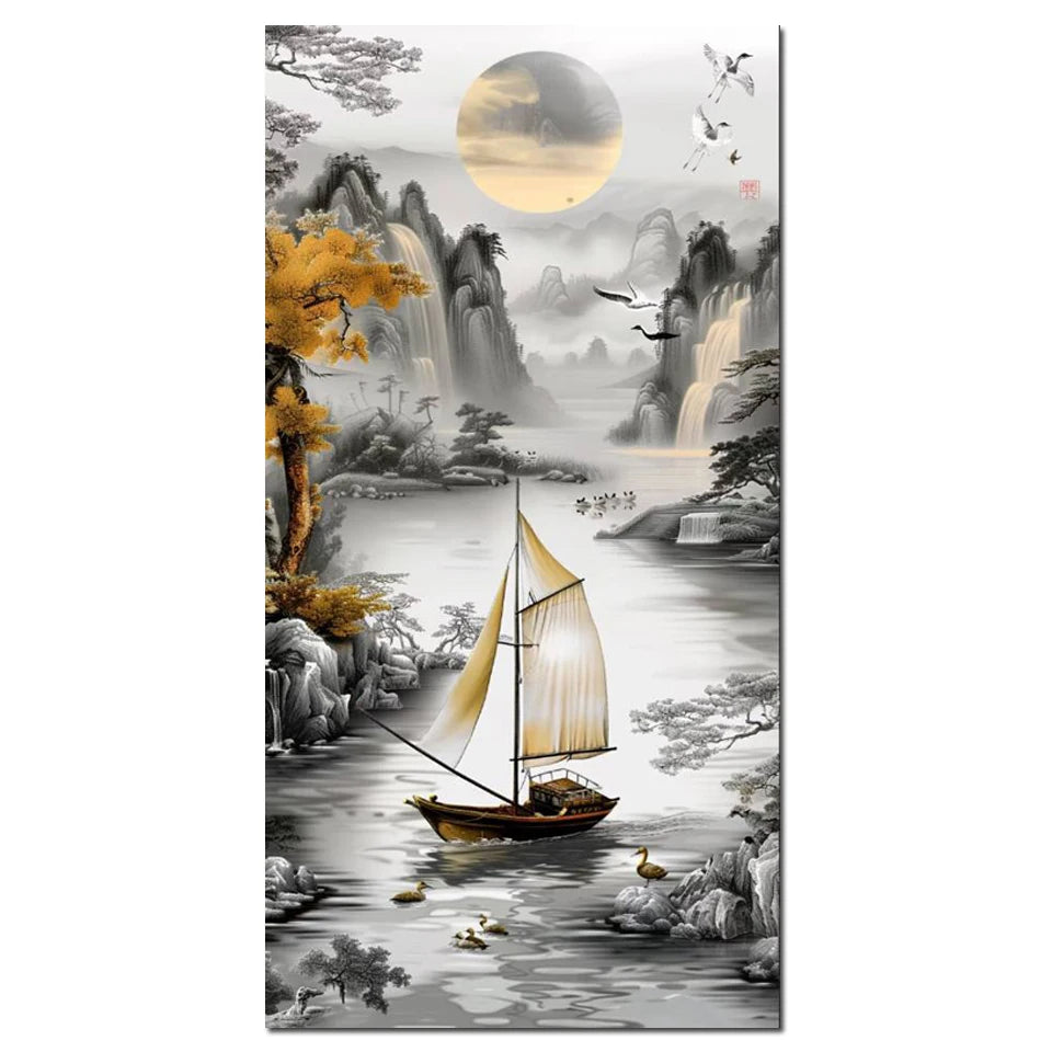 New Arrivals 5D Diamond Painting Art Golden Waterfall Tree Moon Landscape.