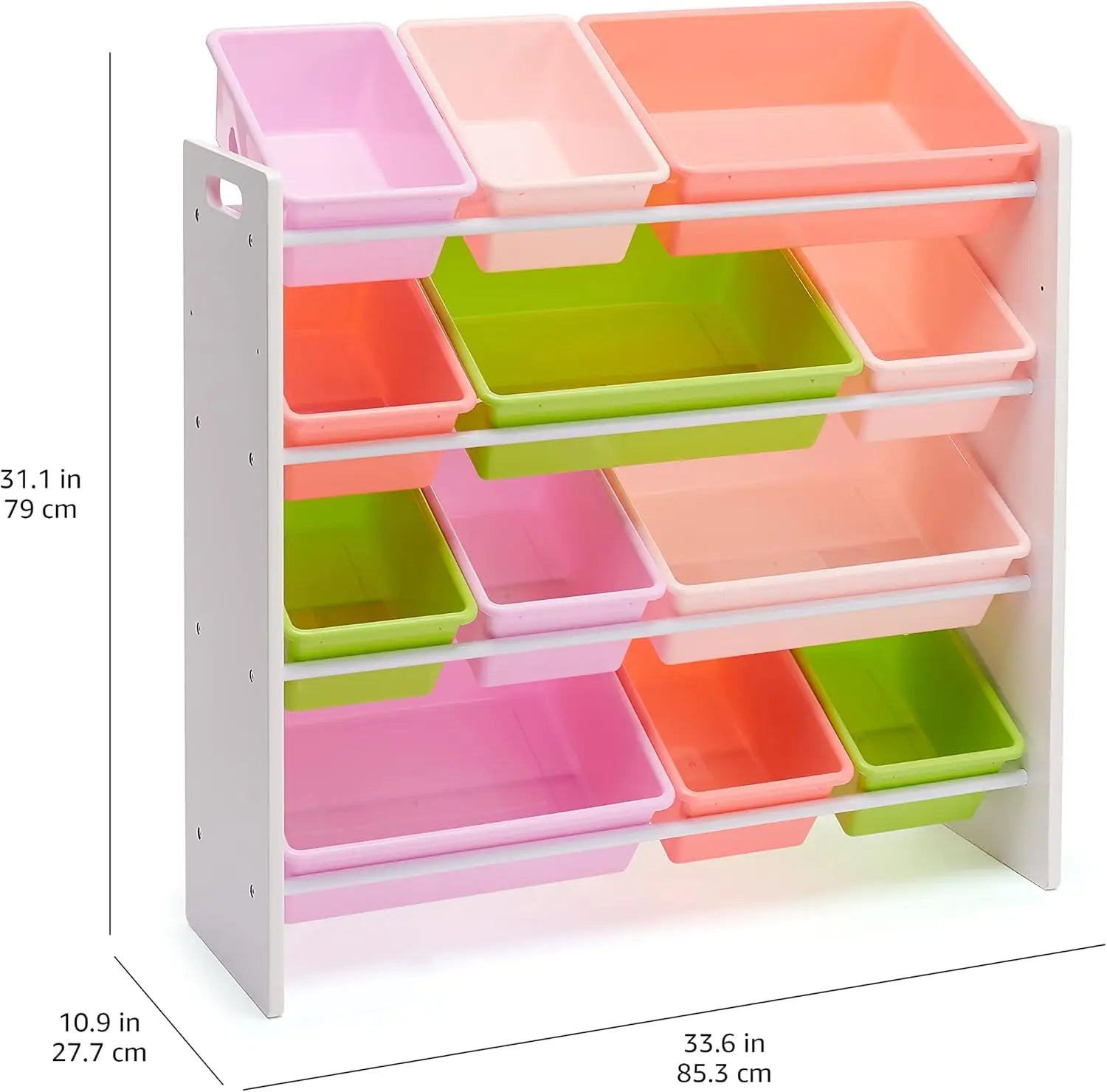 Kids Toy Storage Organizer with 12 Removable Pink Bins, White Wood Frame, Wall-Mounted for Safety