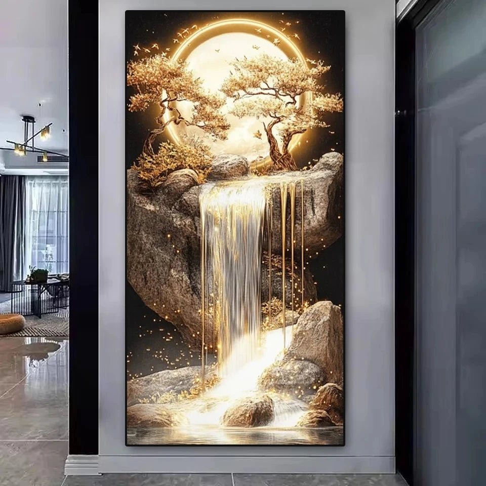 New Arrivals 5D Diamond Painting Art Golden Waterfall Tree Moon Landscape Picture Full Diamond Mosaic Embroidery Rhinestone