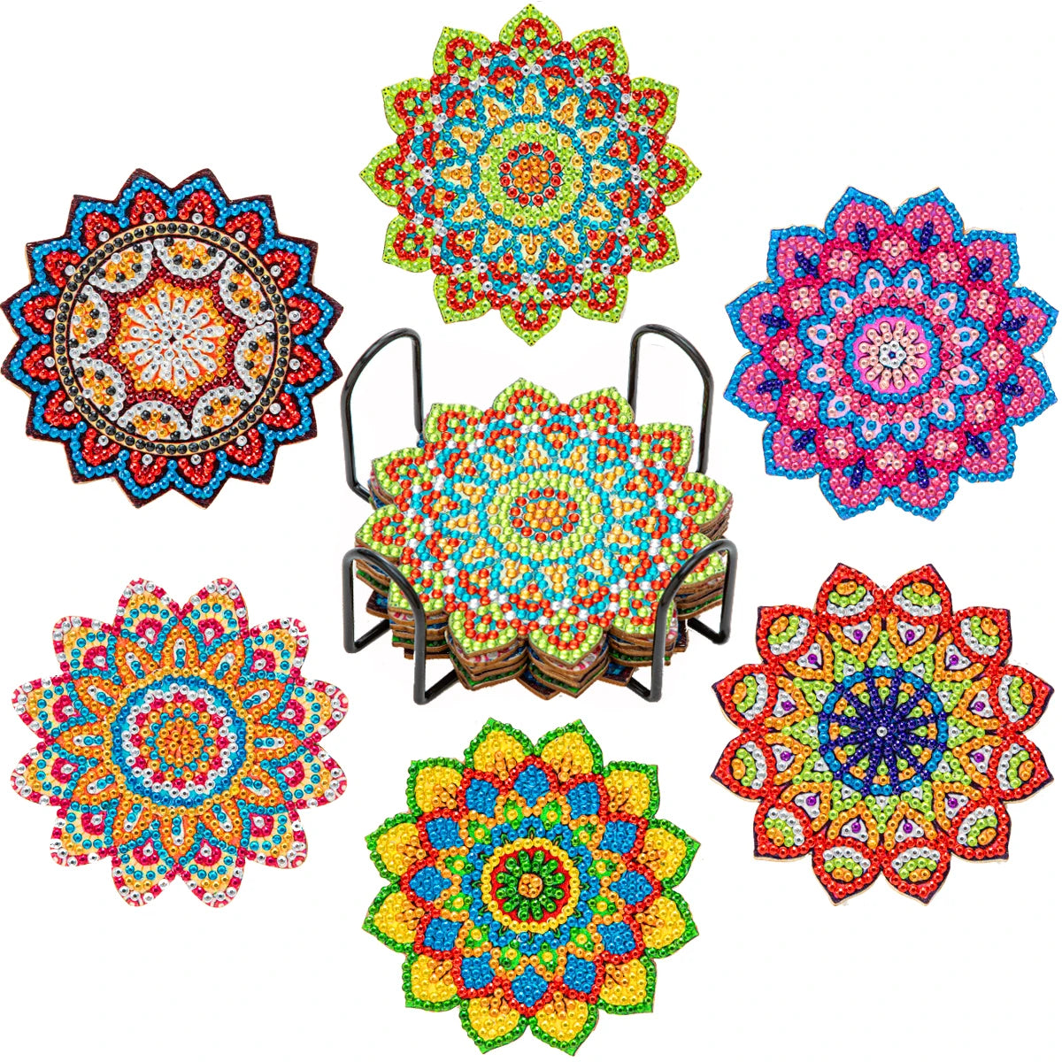 6Pcs DIY Diamond Painting Coasters Mandala Flowers 5D Full Drill Diamond Art Non Slip Coasters with Holder Ideal Christmas Gift