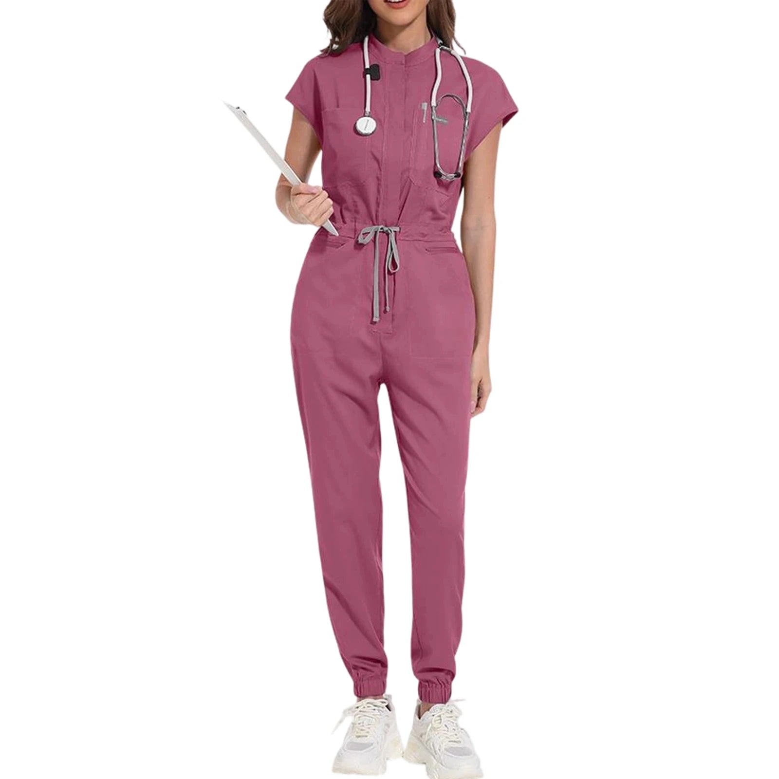 Women's Nurse Jumpsuit Stand Collar Sleeveless Multi-Color Drawstring