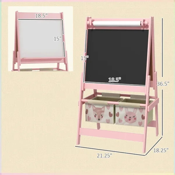 Qaba Art Easel for Kids with Paper Roll, Blackboard, Whiteboard, Storage, Pink