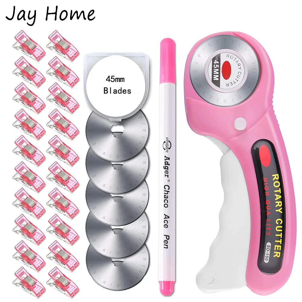 45mm Rotary Cutter with 5pcs Replacement Blades & Sewing Clips & Fabric Marker Pen