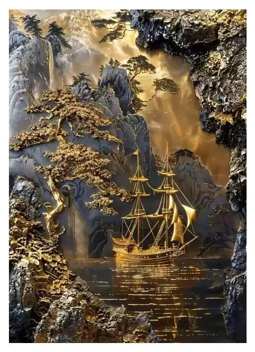 5D Diamond Painting Abstract Golden Tree Sailing Moon Decor Cross Stitch Kits