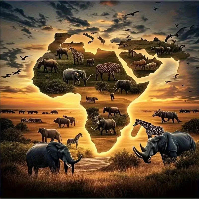 5D DIY Diamond Painting Full Square Round African Grassland Noah's Ark Animals World Scenery Diamond Mosaic Home Decoration